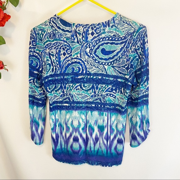 💋3/$20💋Chico’s Teal Blue Purple Paisley Artsy Blouse - Picture 4 of 6